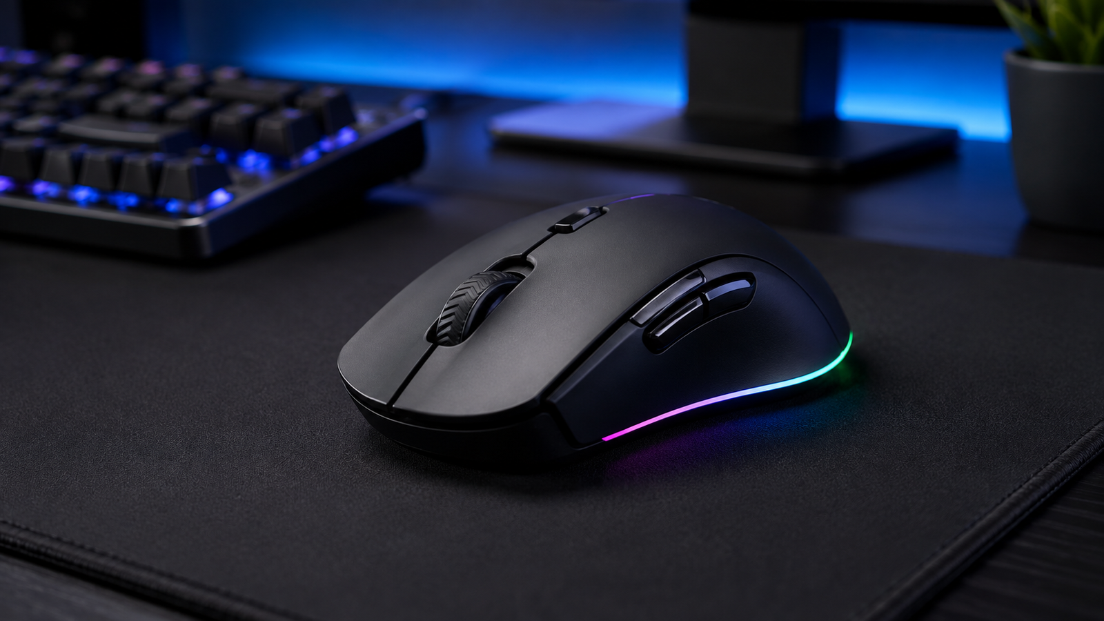 Mouse gamer moderno em destaque sobre mousepad escuro, com teclado mecânico desfocado ao fundo