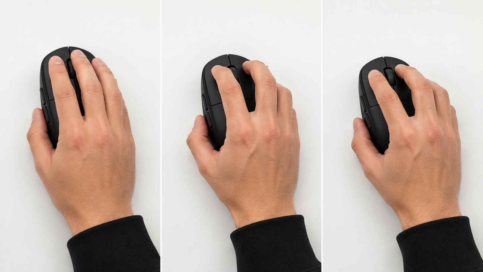 Diagrama comparando lado a lado as três pegadas de mouse: palm grip, claw grip e fingertip grip