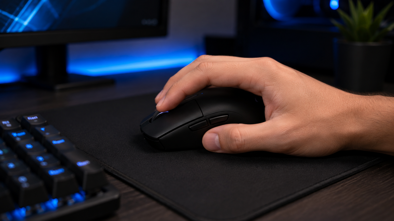 Mão utilizando mouse gamer preto mostrando ergonomia e pegada